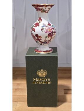 Mason's Ironstone Miniature Red Mandalay Floral Porcelain Vase - Made in England